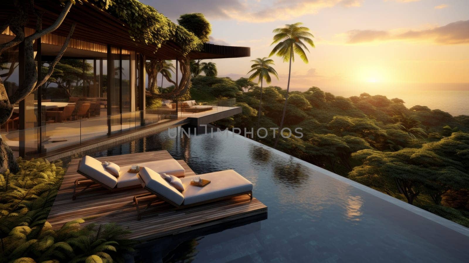Deck overlooking the pool and ocean with sun loungers.
