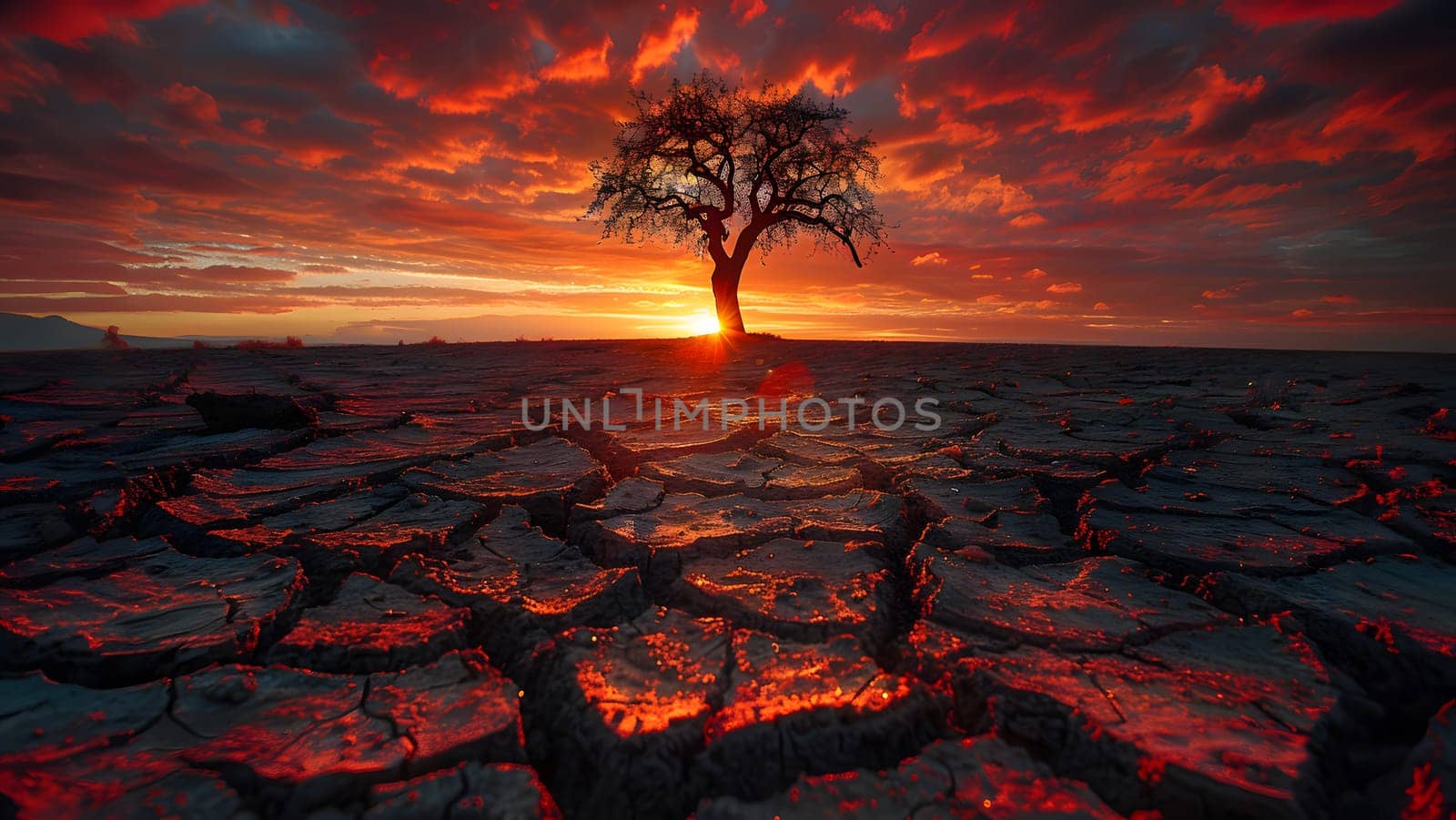 The land is parched and cracked under the setting sun. Dead tree stand in front of red sky. It is a symbol of drought, hopelessness, change or as an illustration of an article about the environment.