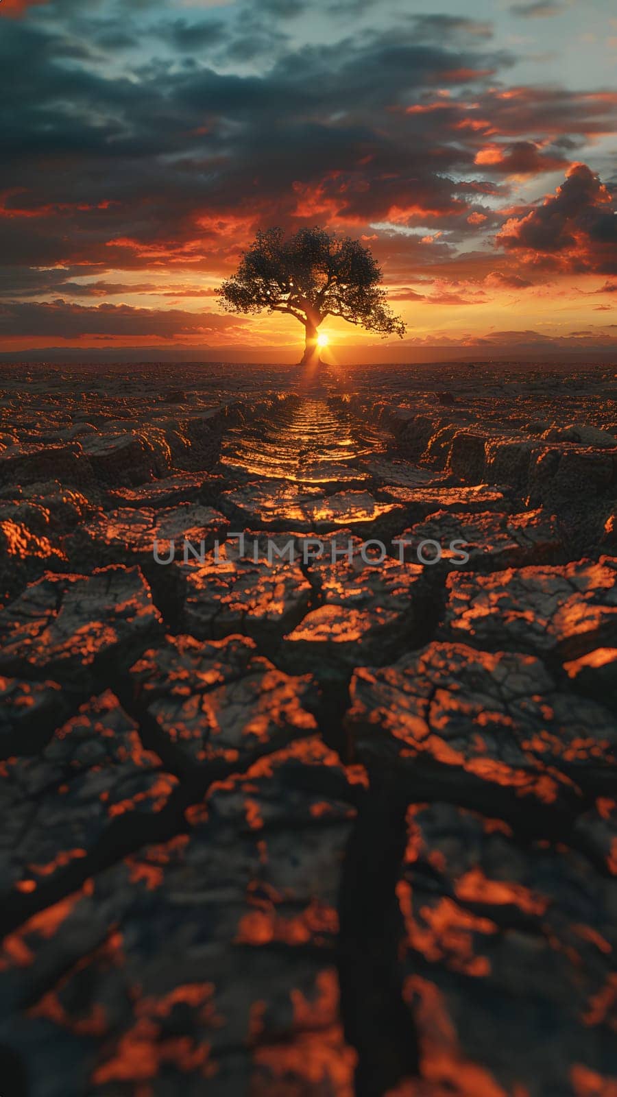The land is parched and cracked under the setting sun. Dead tree stand in front of red sky. It is a symbol of drought, hopelessness, change or as an illustration of an article about the environment.