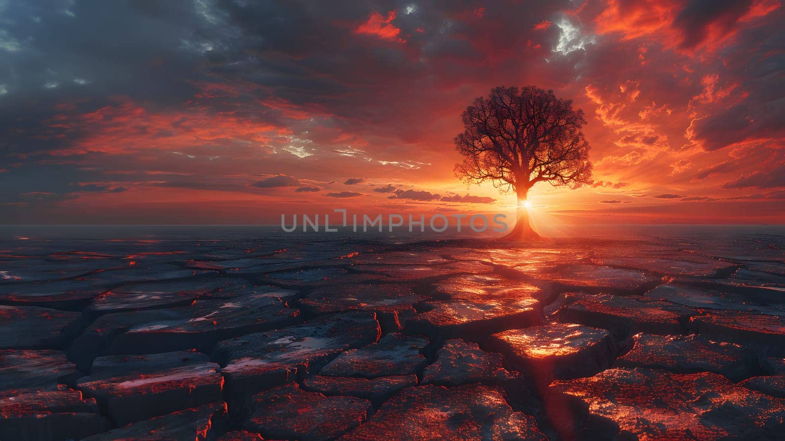 The land is parched and cracked under the setting sun. Dead tree stand in front of red sky. It is a symbol of drought, hopelessness, change or as an illustration of an article about the environment.
