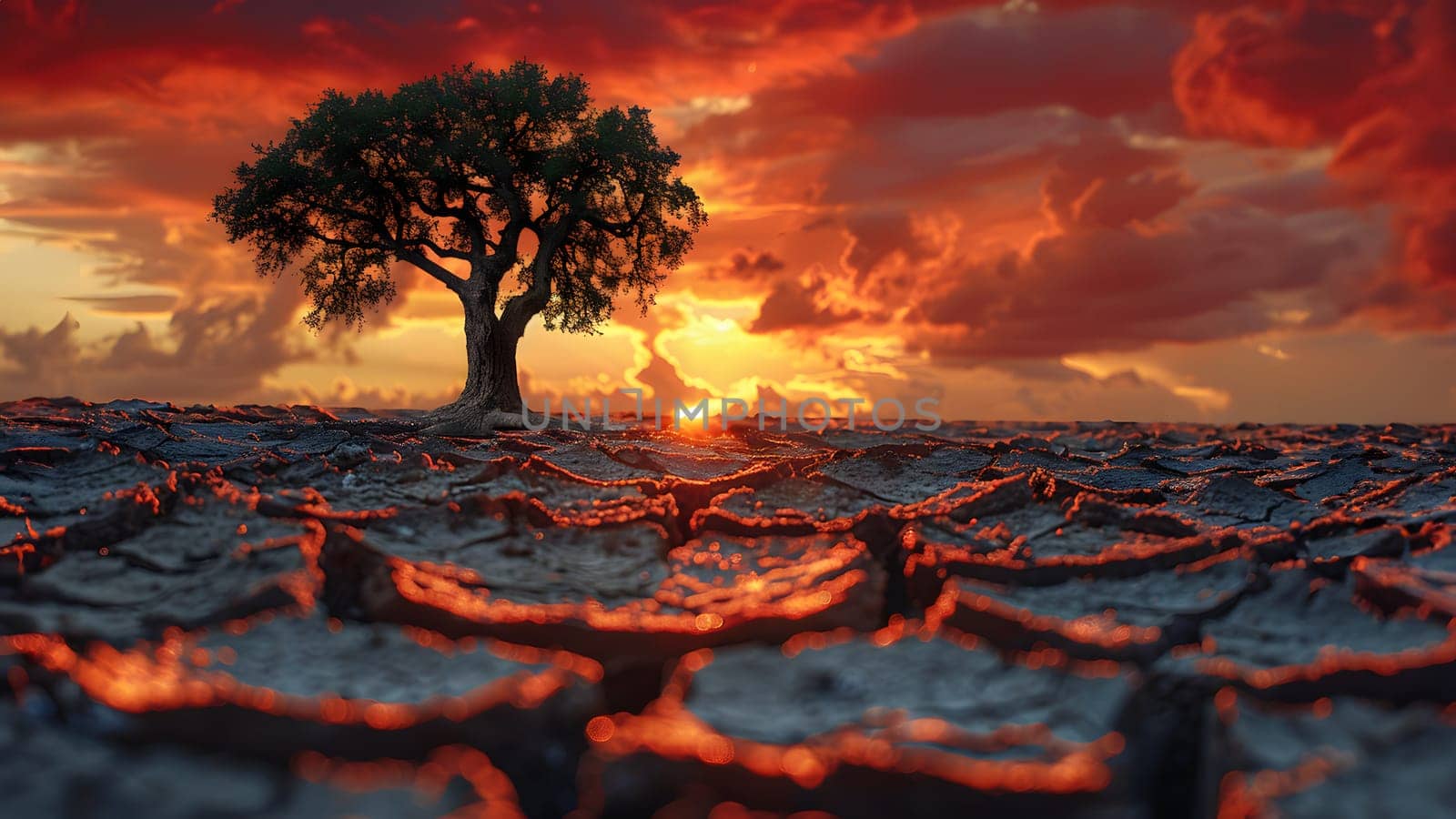 The land is parched and cracked under the setting sun. Dead tree stand in front of red sky. It is a symbol of drought, hopelessness, change or as an illustration of an article about the environment.
