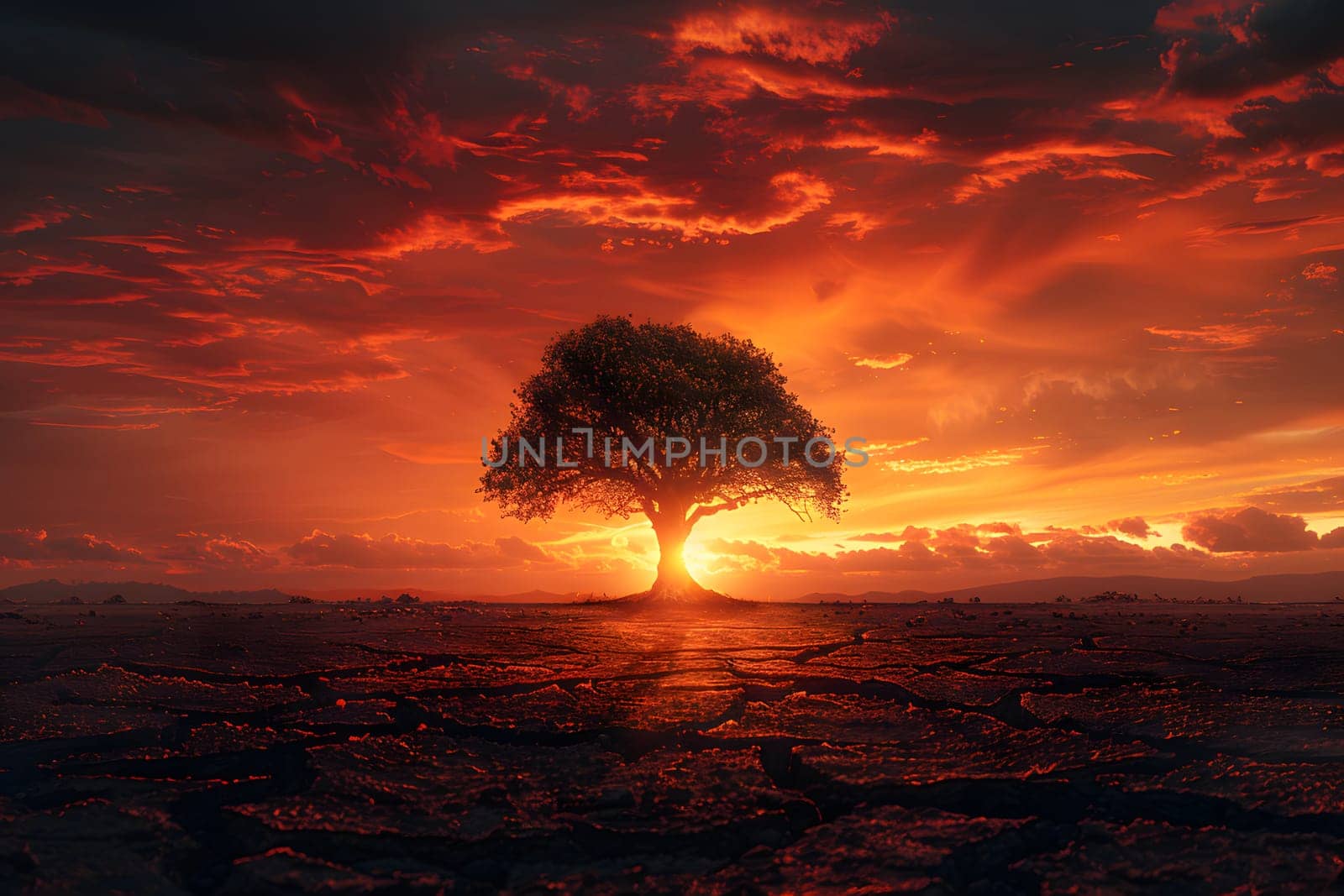 The land is parched and cracked under the setting sun. Dead tree stand in front of red sky. It is a symbol of drought, hopelessness, change or as an illustration of an article about the environment.