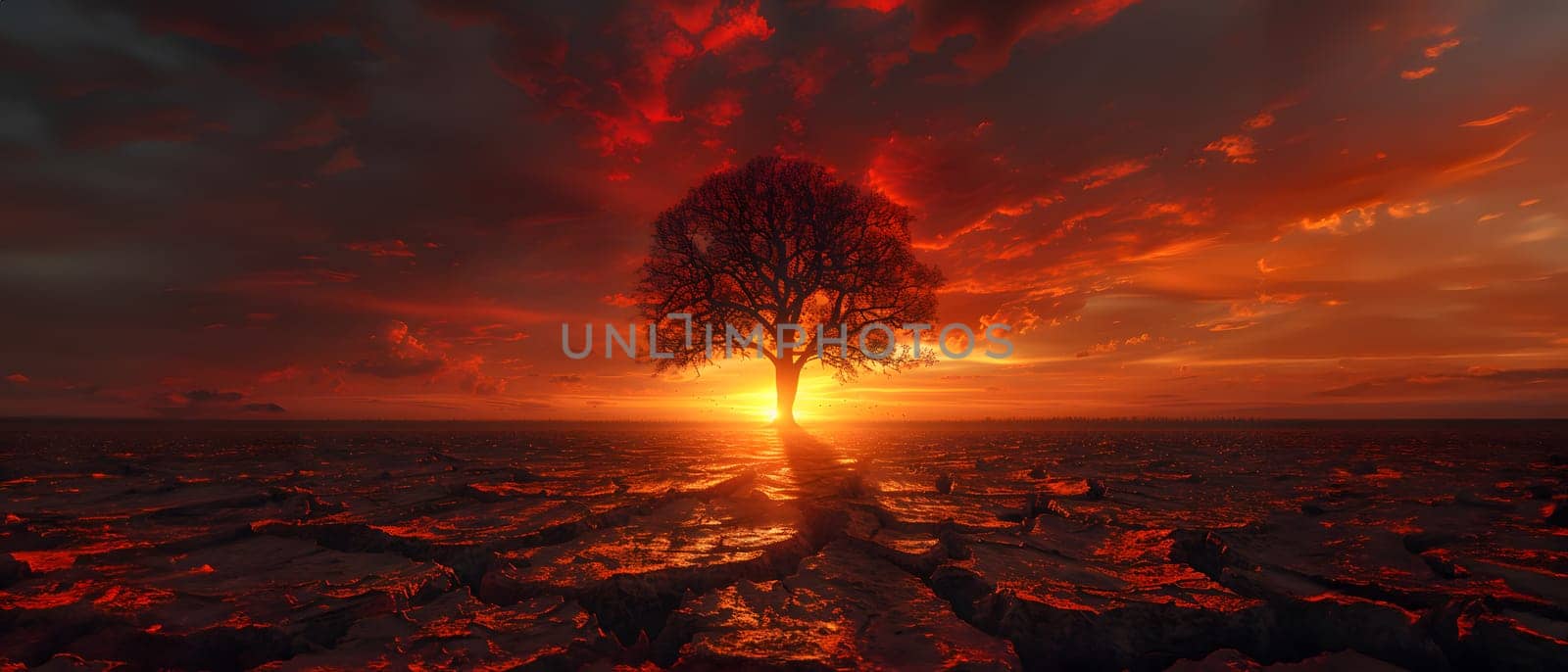 The land is parched and cracked under the setting sun. Dead tree stand in front of red sky. It is a symbol of drought, hopelessness, change or as an illustration of an article about the environment.