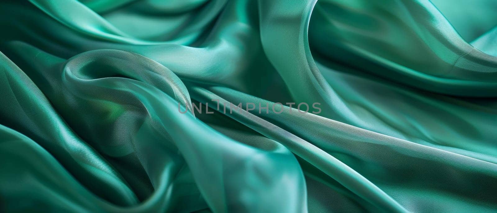 Smooth emerald green satin fabric draped in languorous waves, emphasizing the sleek and sumptuous look of the high-quality textile