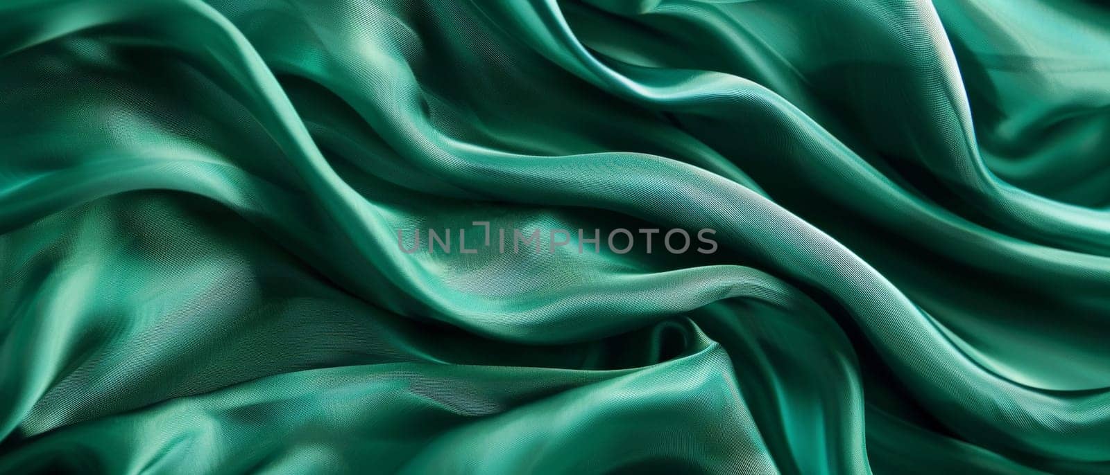 Smooth emerald green satin fabric draped in languorous waves, emphasizing the sleek and sumptuous look of the high-quality textile