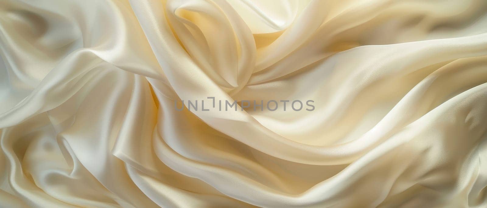 Up-close view of luxuriant cream satin drapes with sensuous folds and curves accentuating the rich sheen of the fabric