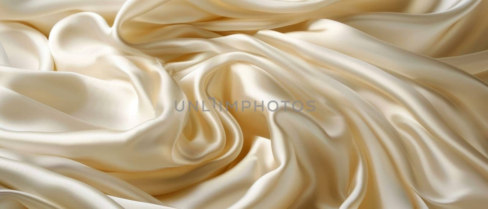 Up-close view of luxuriant cream satin drapes with sensuous folds and curves accentuating the rich sheen of the fabric
