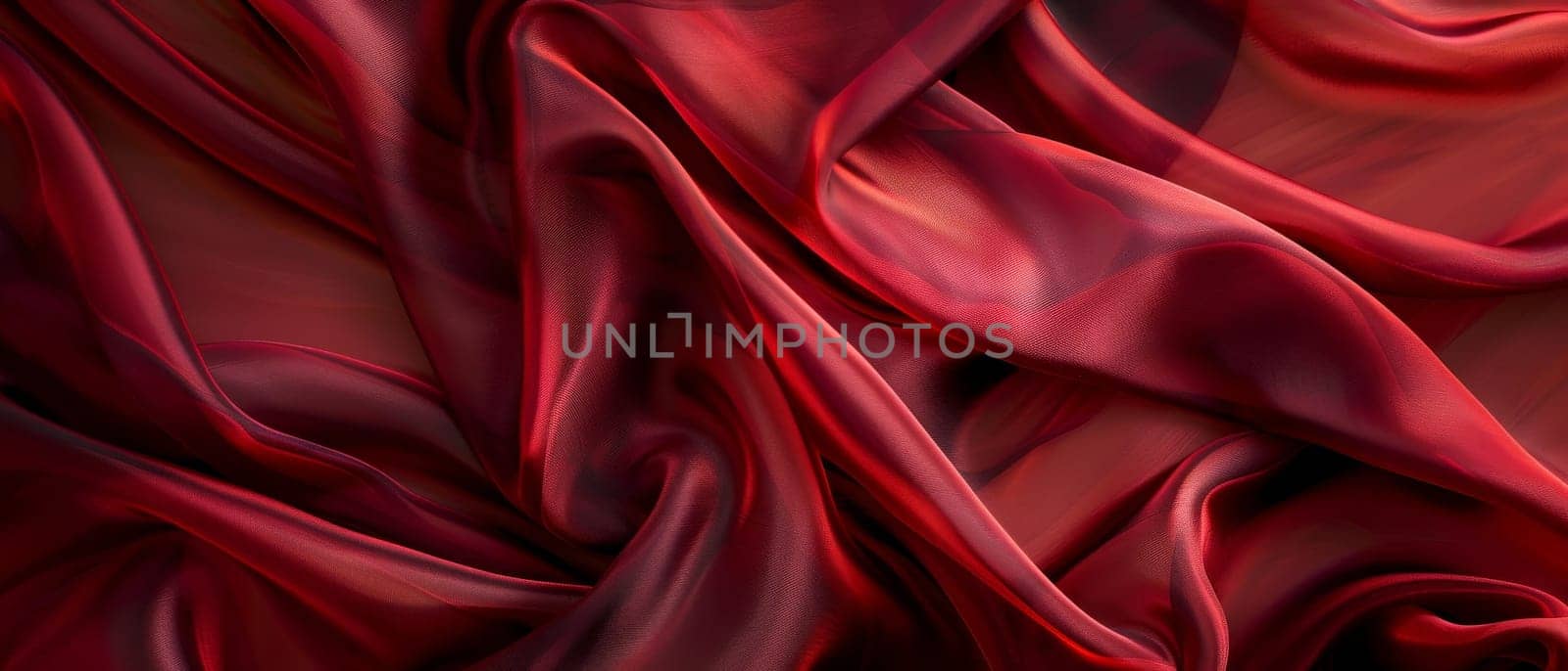 Luxurious burgundy satin fabric flows in soft waves and elegant folds, showcasing the rich texture and warm tones of the material