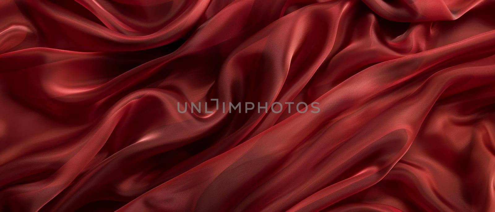 Luxurious burgundy satin fabric flows in soft waves and elegant folds, showcasing the rich texture and warm tones of the material