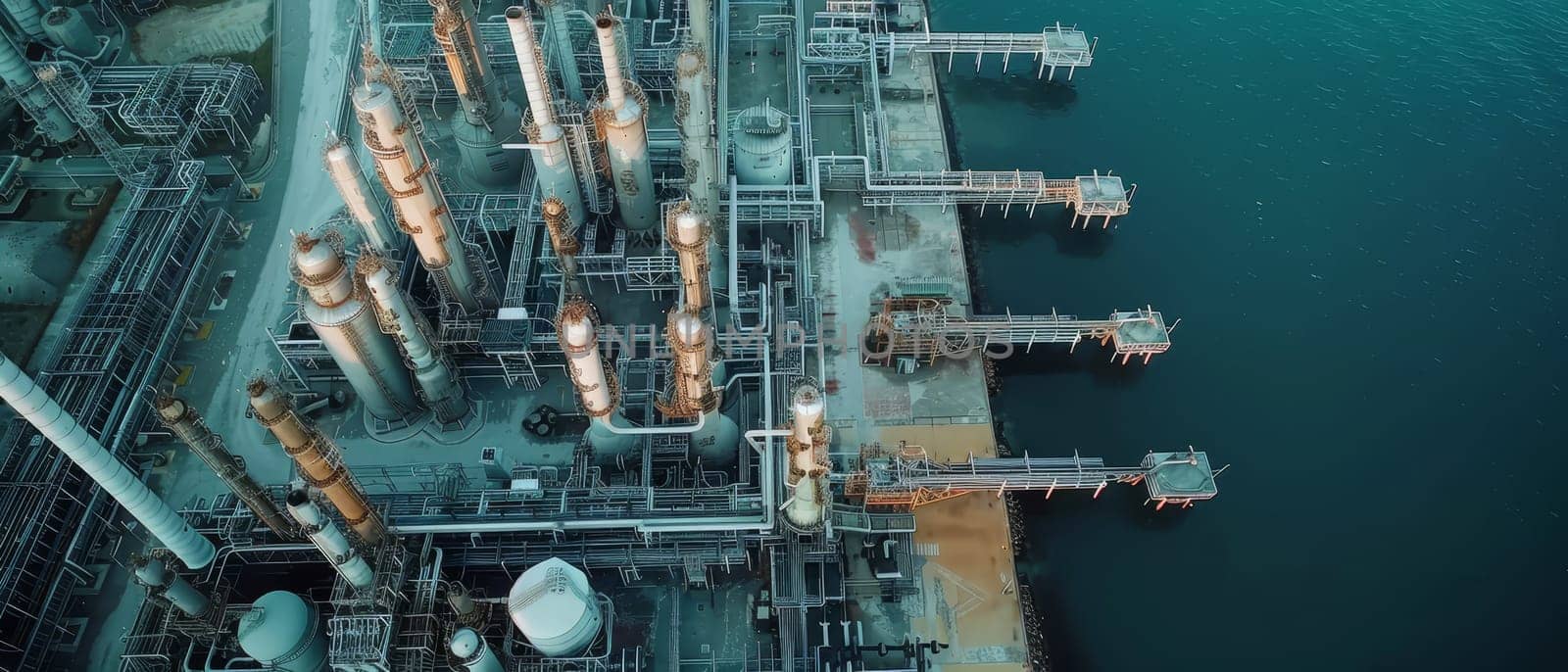 Drone view of an oil refinery along the coastline during dusk, highlighting its vast network of pipes and towers