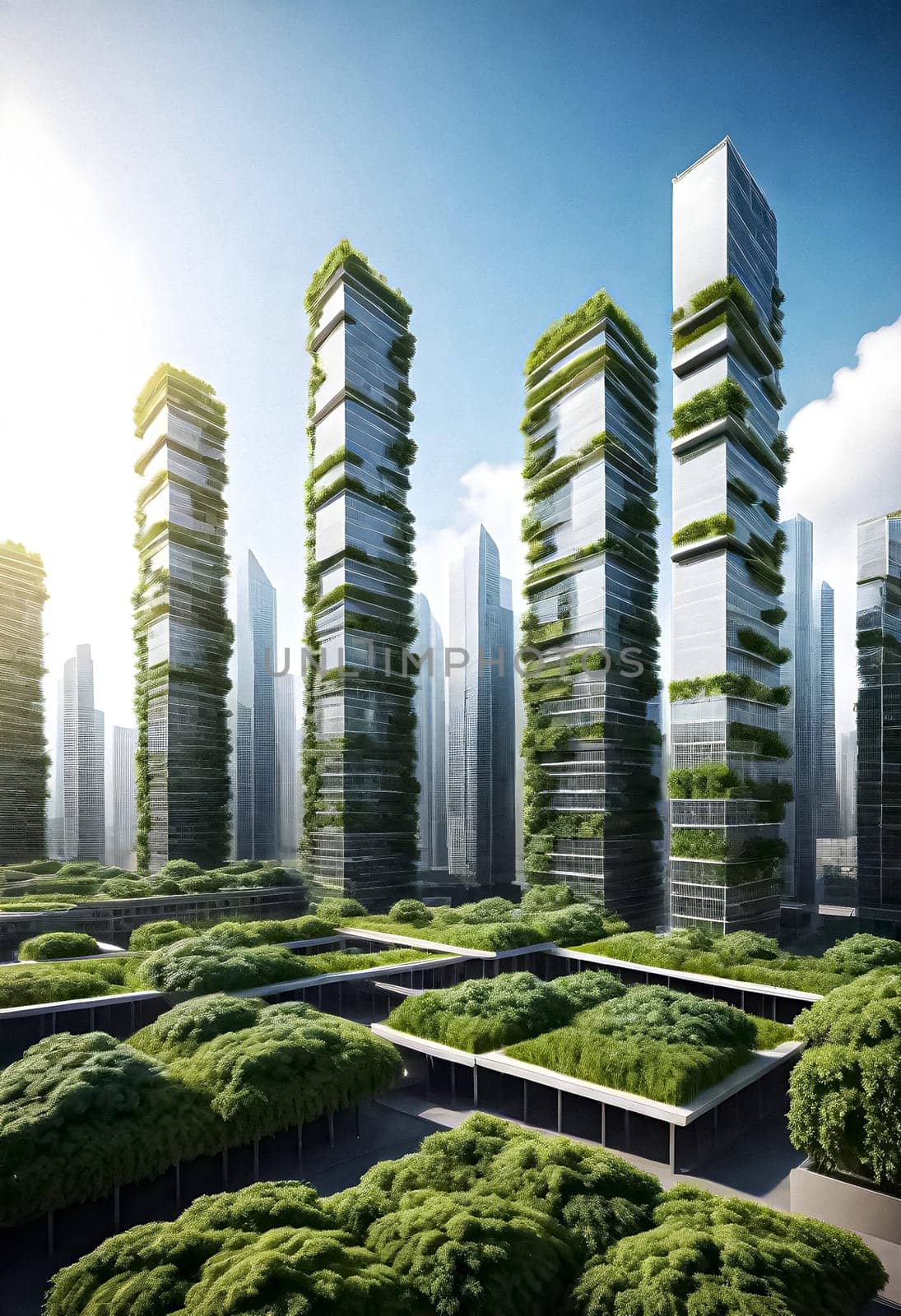 AI generated of an urban city with tall buildings covered in green trees