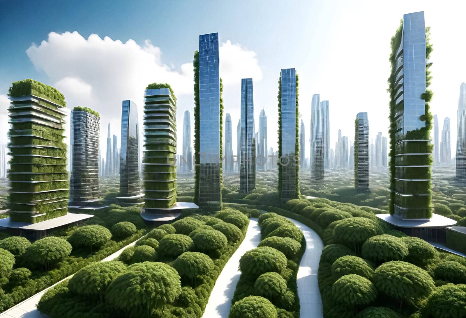 AI generated of a city with tall buildings and green landscape trees