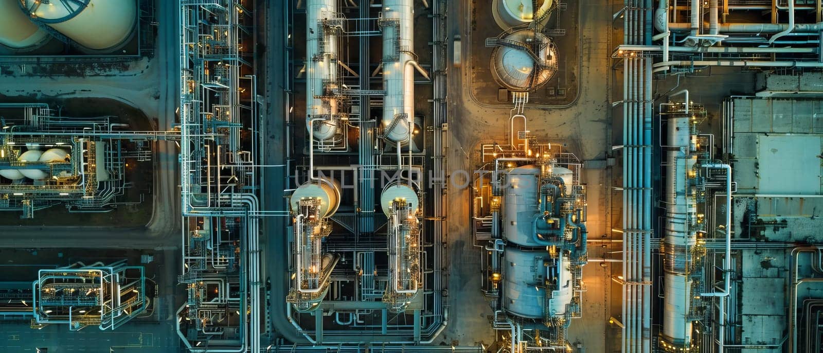 An intricate maze of pipes and tanks in an oil refinery, as seen from an overhead drone perspective