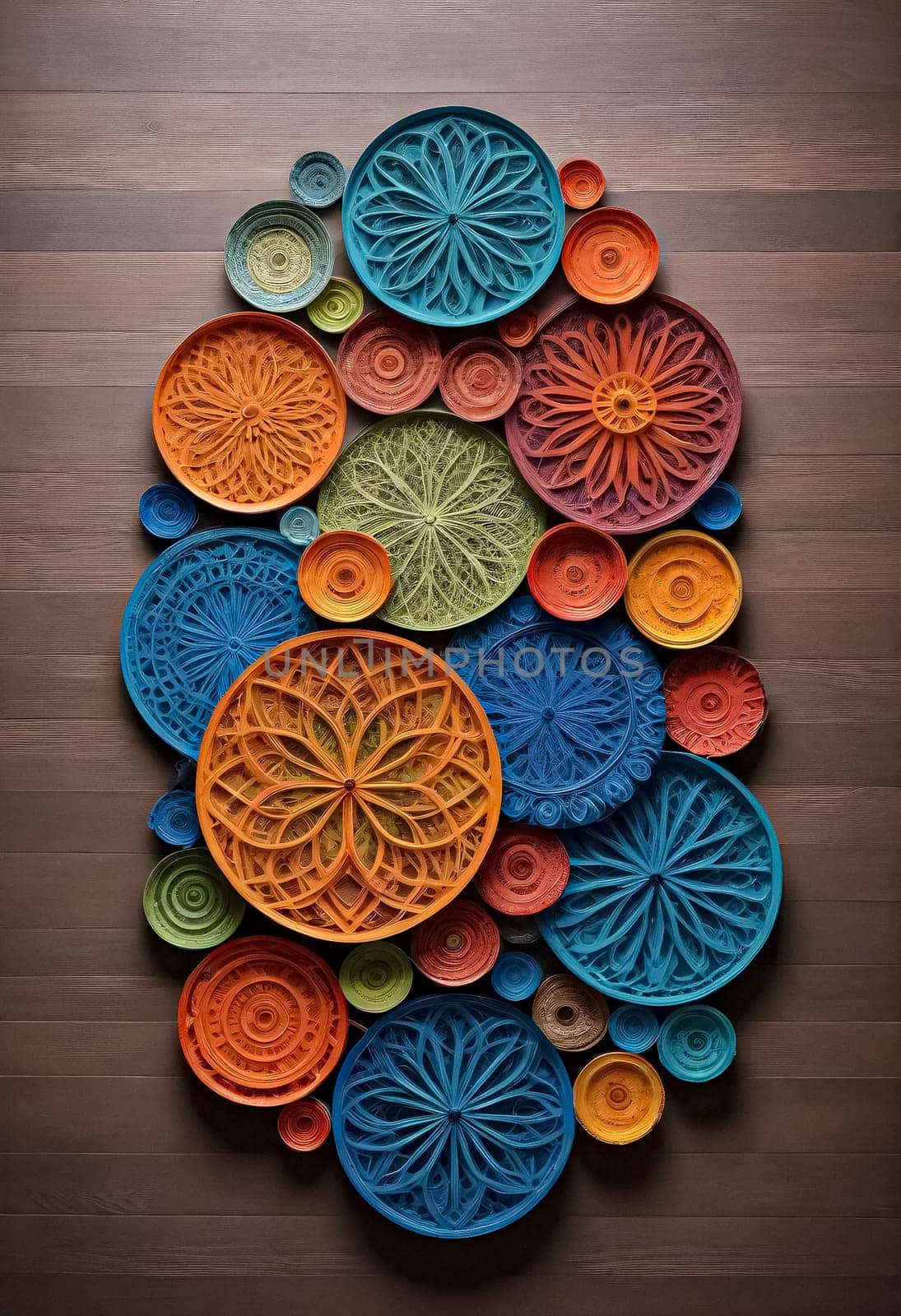 AI generated of a colorful design is on a wooden surface with a colorful collection of plates with circular designs