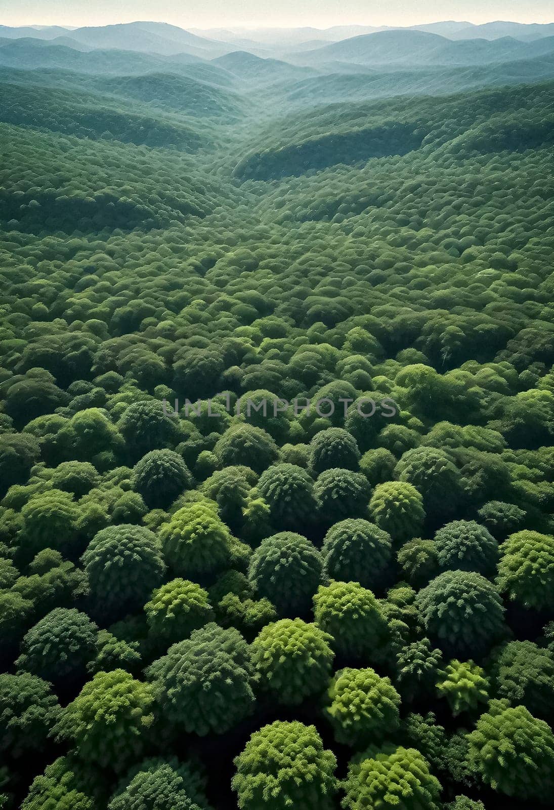 AI generated of aerial view of green forest in the mountains