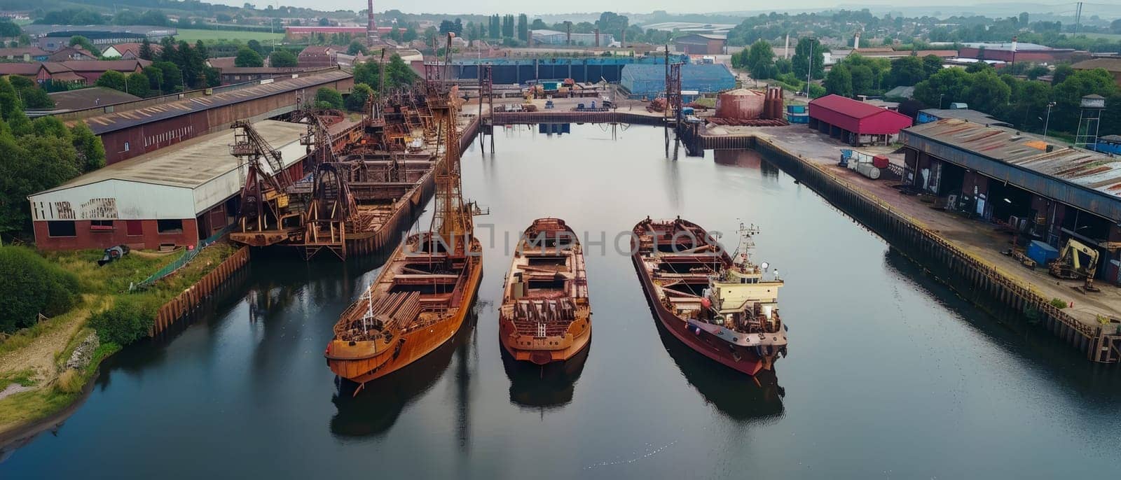 An aerial perspective of an industrial shipyard, showcasing rustic cargo ships docked by warehouses under an overcast sky, highlighting the raw beauty of maritime commerce