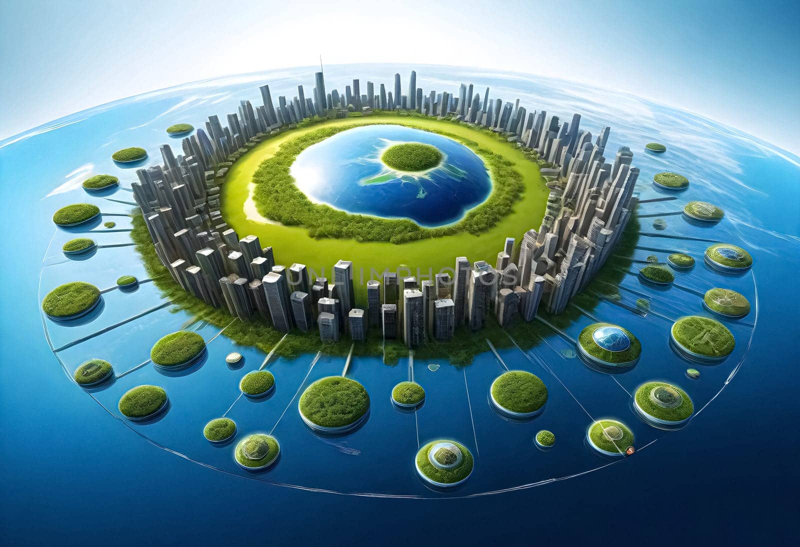 AI generated of an image of a green earth with many buildings