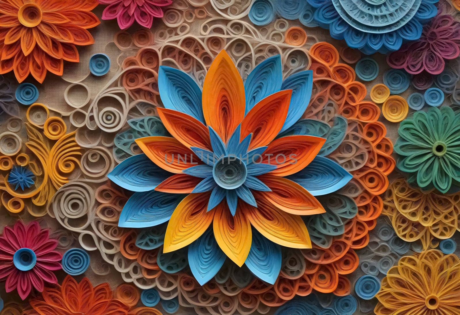 AI generated of colorful paper quilling flowers on a wall