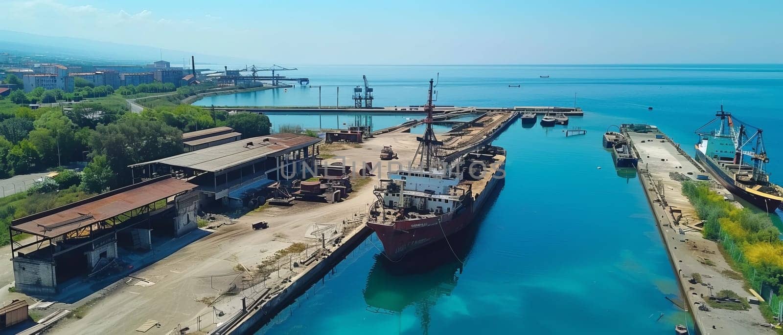 An aerial shot captures the vibrant turquoise waters of a bustling shipyard, with ships being serviced in the warm glow of sunlight, emphasizing the activity of maritime trade