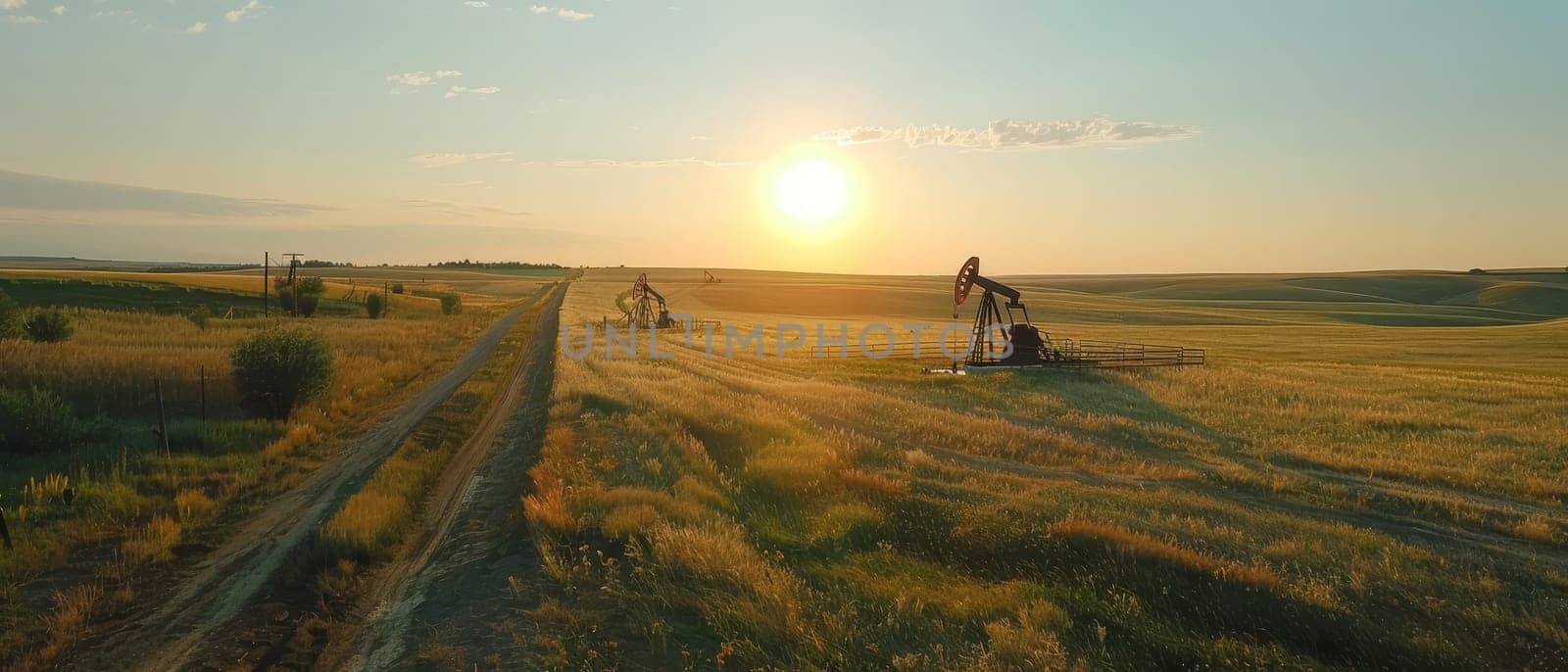 A breathtaking golden sunset envelops an oil field, providing a stark contrast to the rural tranquility of the surrounding farmland
