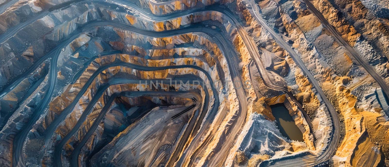 The serpentine paths of a mining operation wind through the deep striations of the earth's layers, captured from an aerial perspective