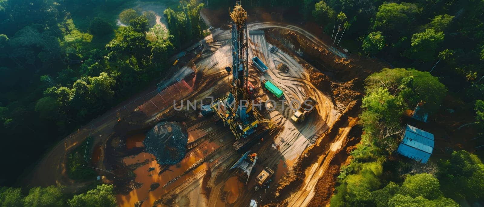 Surrounded by lush greenery, an open-pit mining site showcases the juxtaposition of industrial operations and nature in a stunning aerial perspective