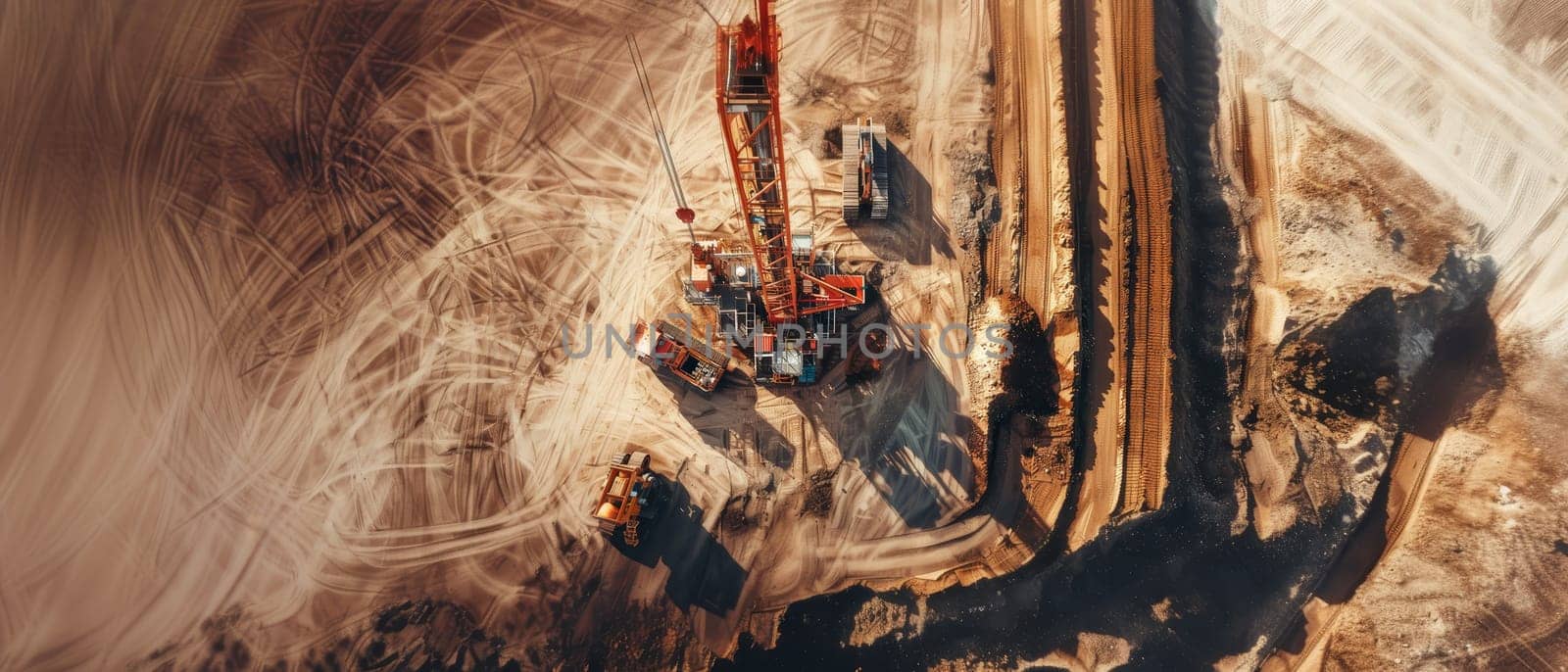 Showcasing the sheer scale, an aerial view unveils a colossal drilling rig cutting through the rugged terrain of an open-pit mining site