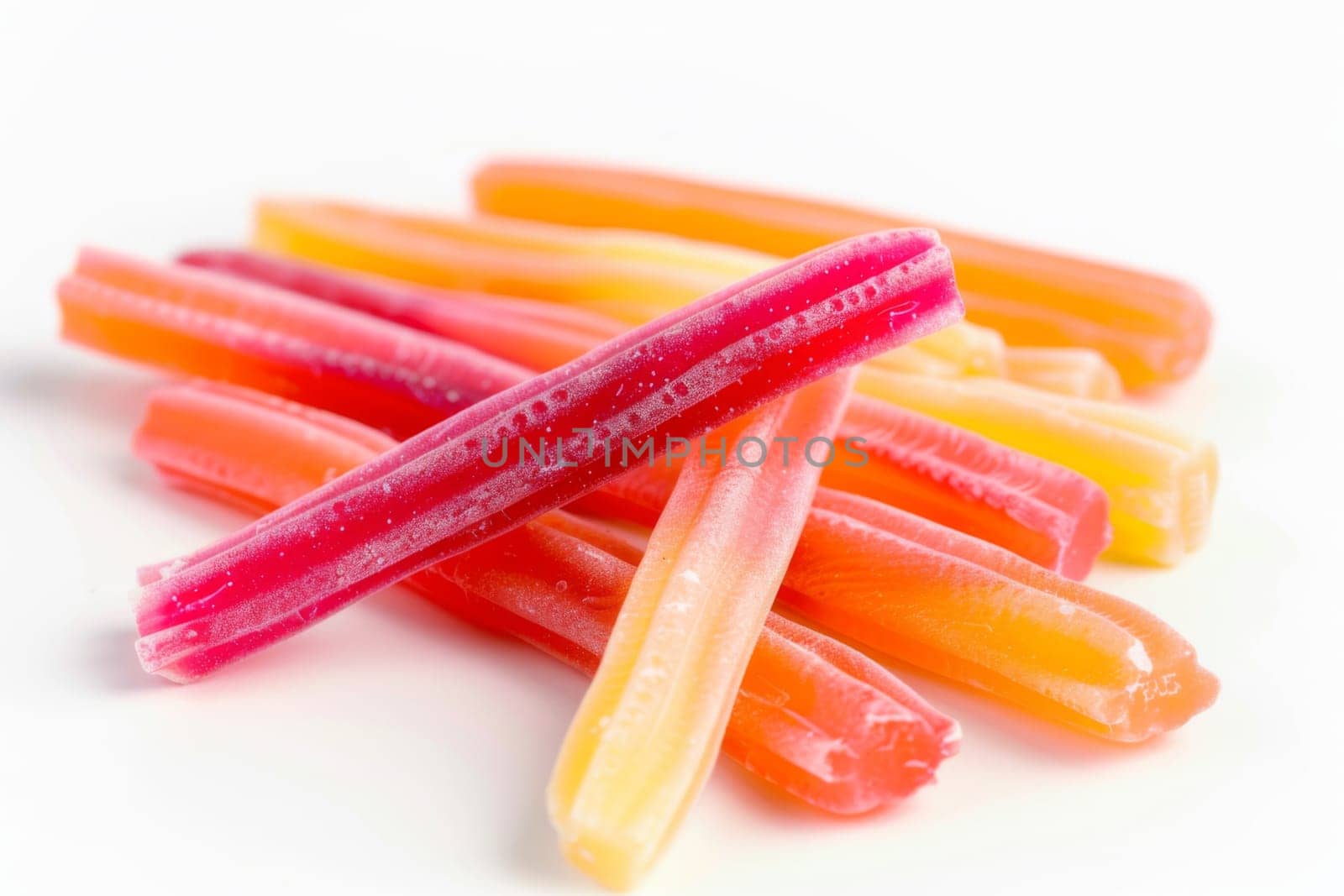 A collection of candy sticks is neatly stacked on top of a pristine white table. The colorful assortment of candies adds a playful touch to the minimalist setting.