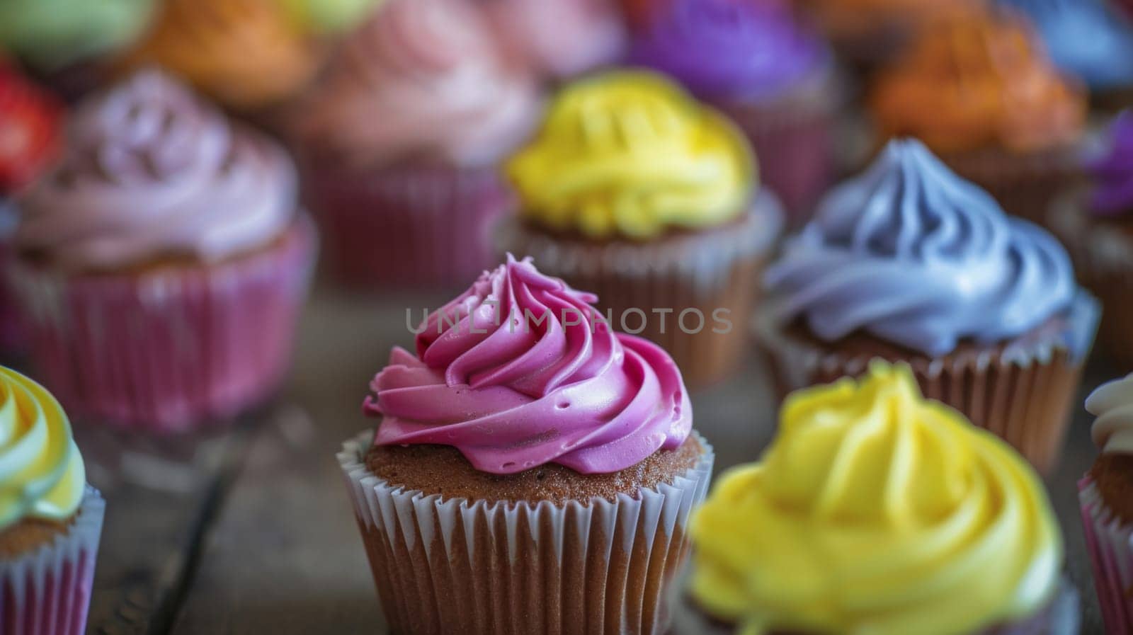 A variety of cupcakes in different flavors and decorations are neatly arranged on a table, showcasing their colorful frosting and sprinkles.