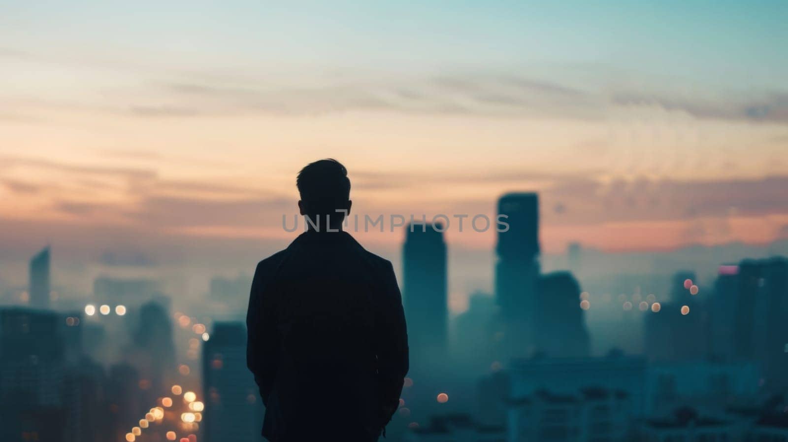 A man is standing in front of a city skyline, with towering buildings and urban landscape in the background. He appears small in comparison to the cityscape, emphasizing the modern, urban environment.