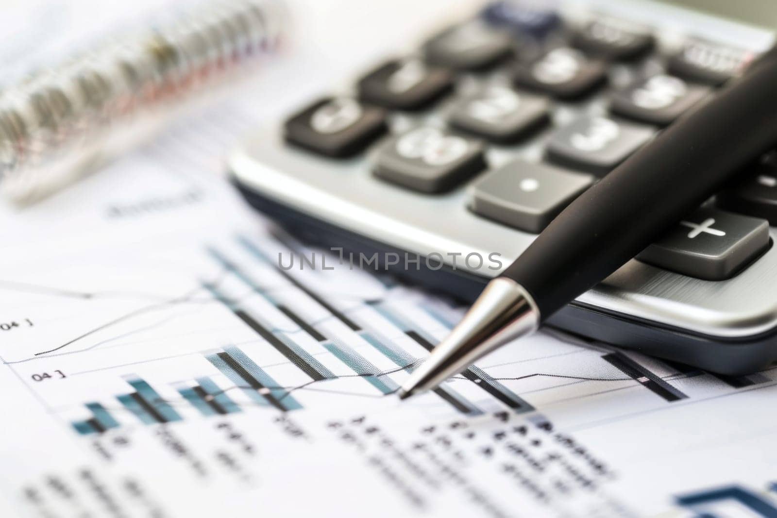 A black pen is positioned on top of a silver calculator, which in turn rests on a stack of various papers. The pen is still and the calculator displays numbers, suggesting work in progress.
