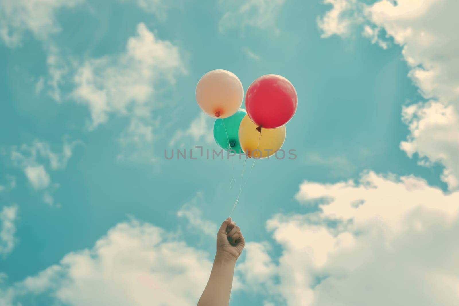 A person floating in the sky while holding onto a bunch of colorful balloons. The balloons are lifting the person above the ground as they soar through the air.