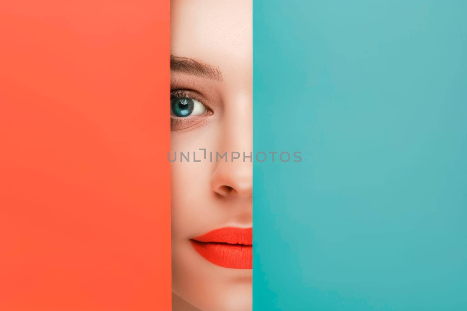A womans face is visible through two panels of different colors, creating a visual effect of split personalities or perspectives. The panels divide her face into contrasting halves, highlighting the concept of duality in human nature.