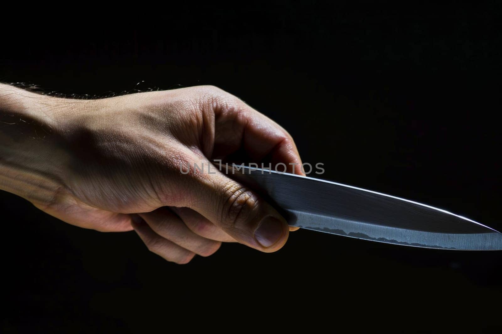 A person is shown holding a knife in their hand. The individuals grip is firm, and the blade is visible, pointing downwards. The background is neutral, emphasizing the action taking place.