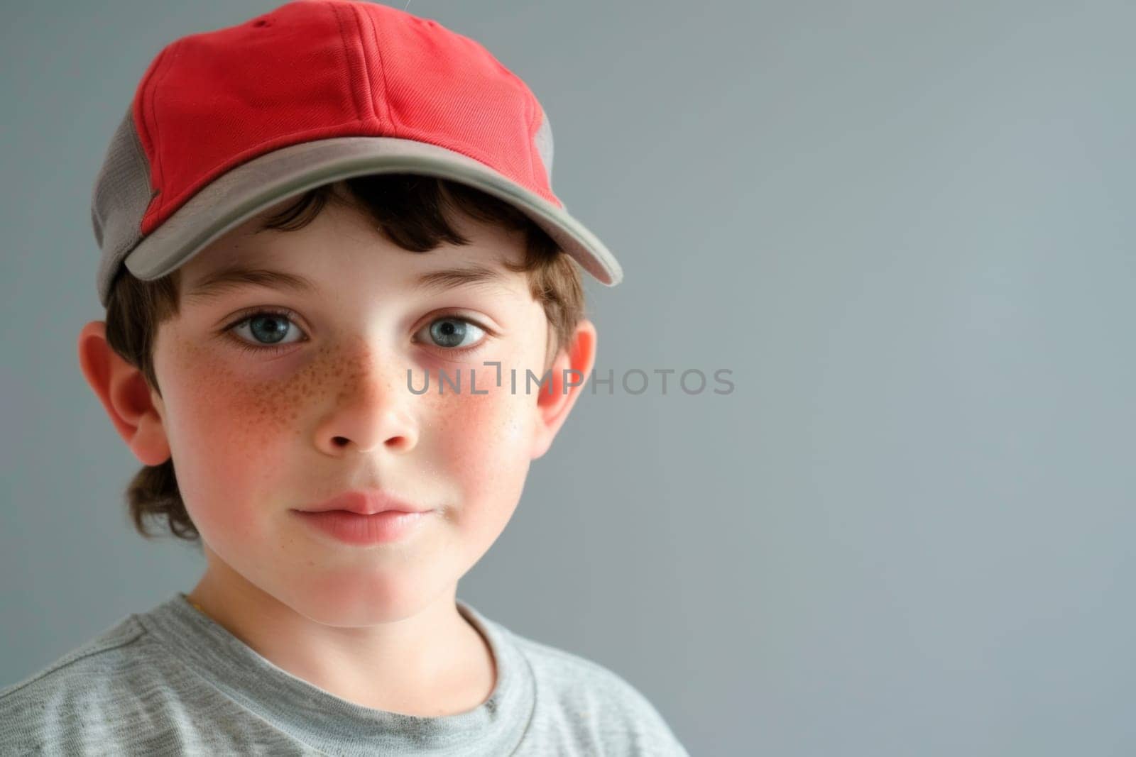 A young boy stands wearing a red and gray hat, looking directly at the camera. His outfit is casual and he appears confident in his stance.