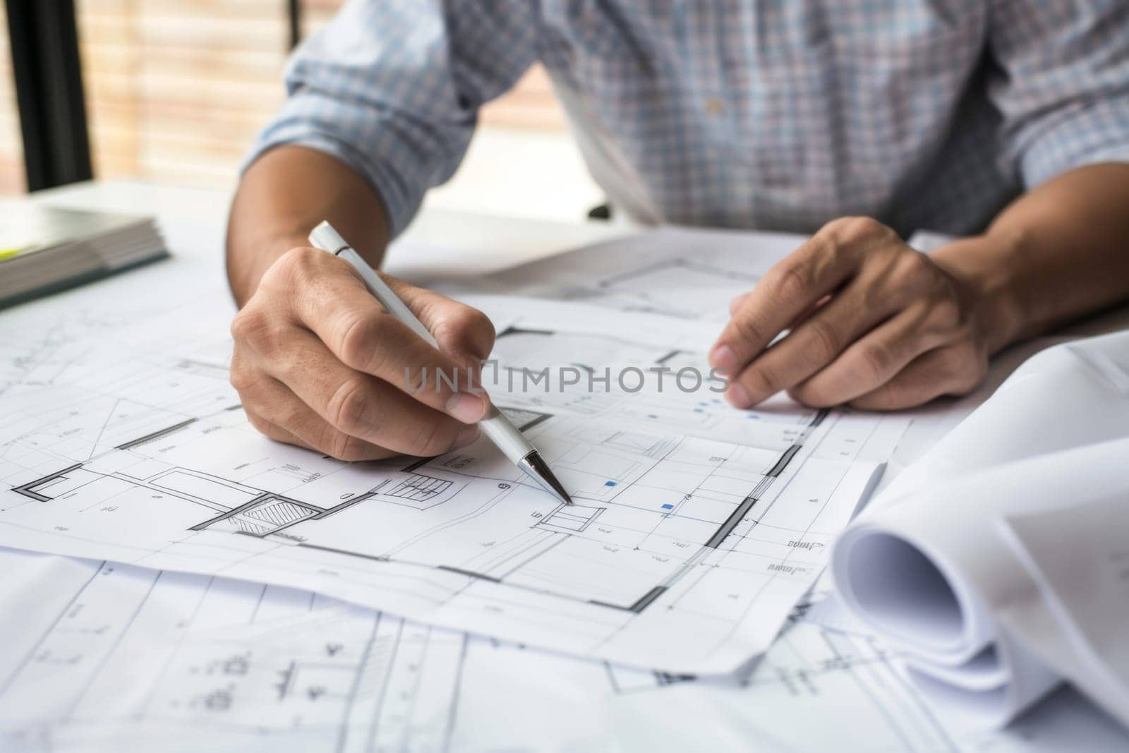 A man is seated at a table, holding a pen and paper, engaged in writing or drawing. The setting is indoors, with simple decor and natural lighting.