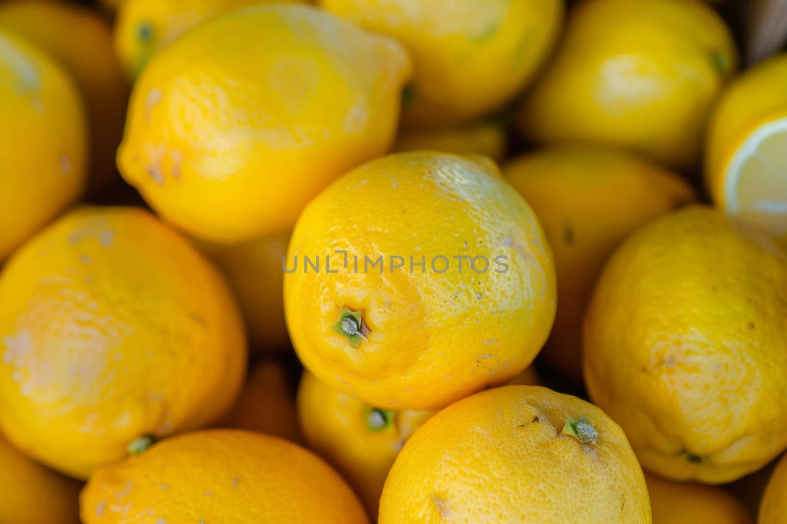 Multiple yellow lemons are stacked neatly next to each other, showcasing their vibrant color and round shape. The lemons appear fresh and ripe, creating a visually appealing arrangement.
