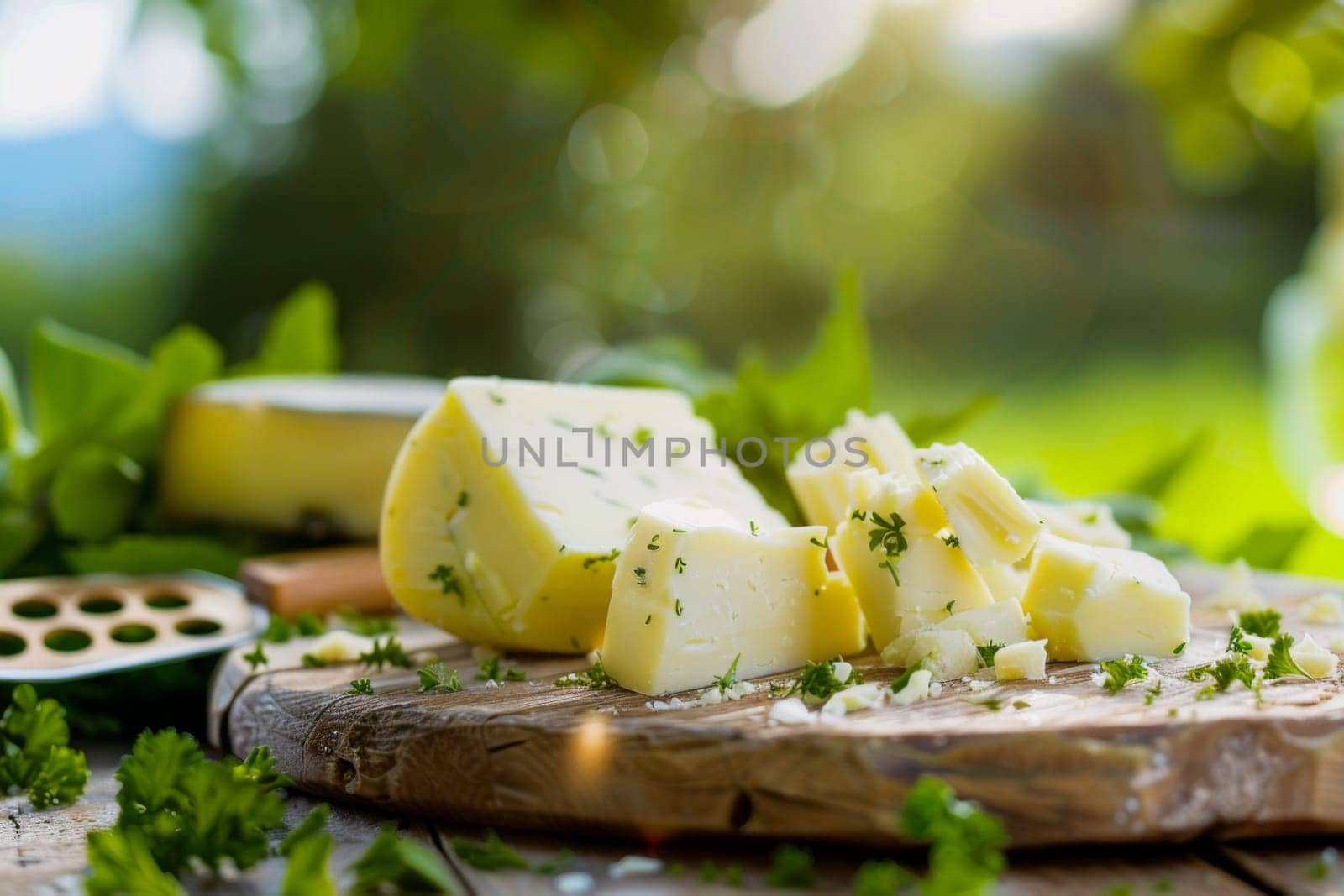 A wooden cutting board topped with cheese rests on a table. The cheese is sliced and ready to be served, creating a simple yet appetizing scene.