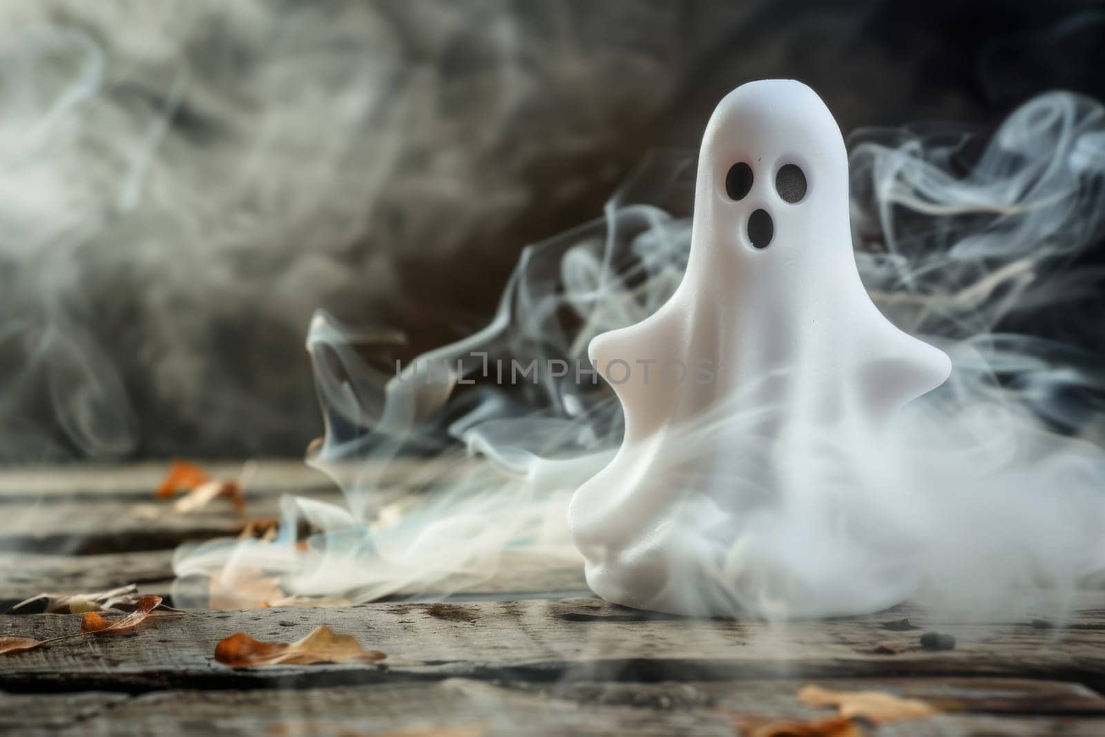 A white ghostly figure emitting wisps of smoke, creating a spooky and haunting atmosphere. The smoke swirls around the ghost, enhancing its supernatural presence.