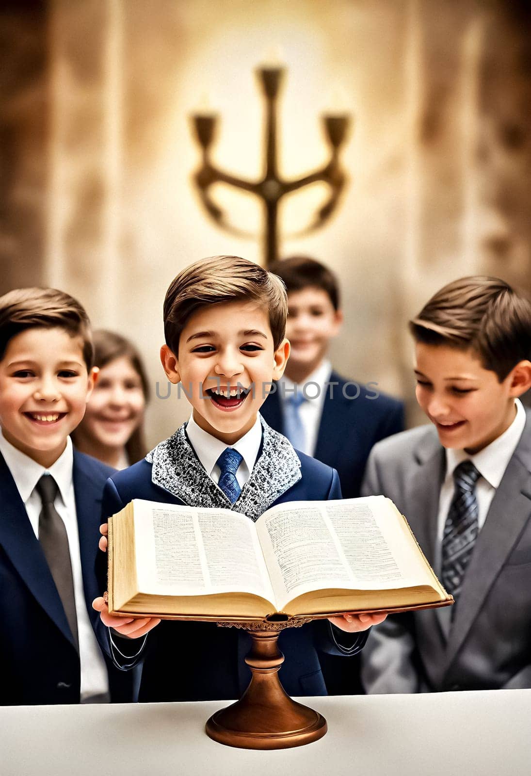 AI generated of a group of boys in suits and ties are holding an open bible