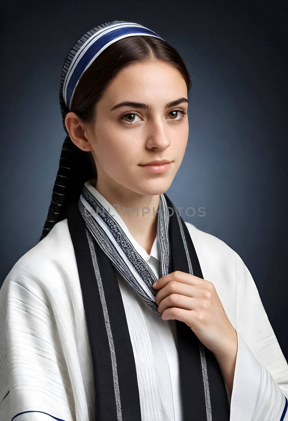 AI generated of a young woman in a white shirt and black and white striped prayer shawl called tallit