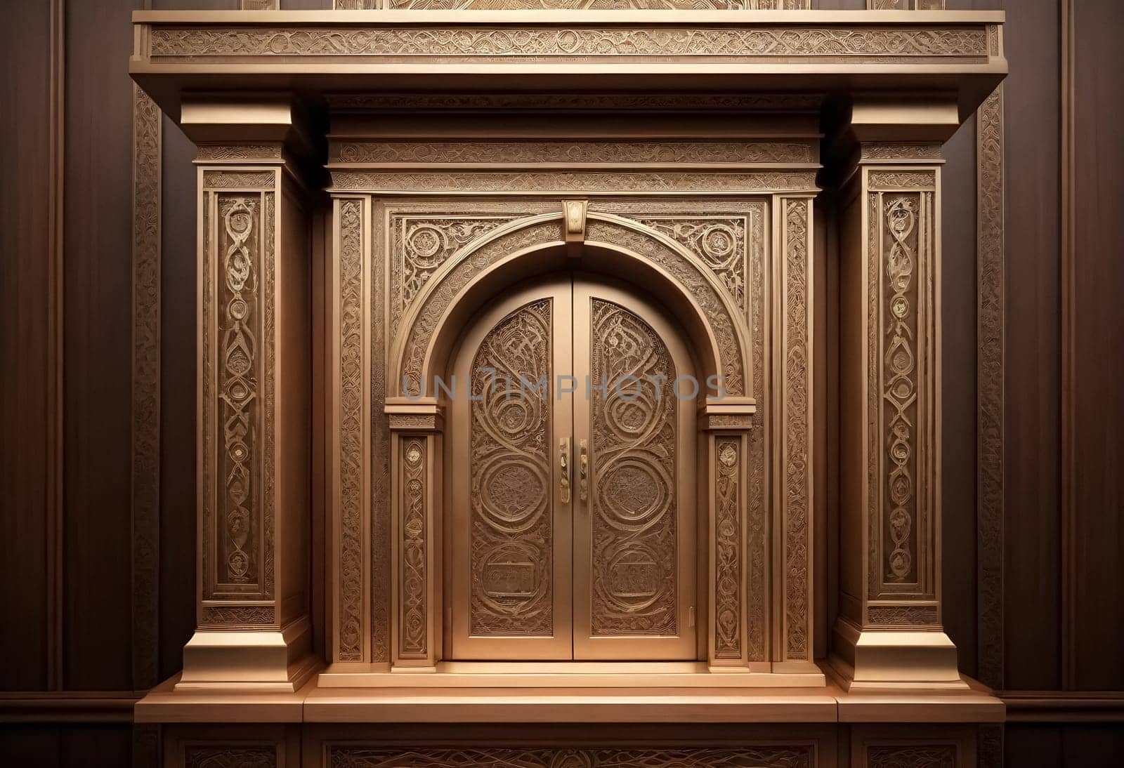 AI generated of an ornate door with a gold frame and decorative carvings