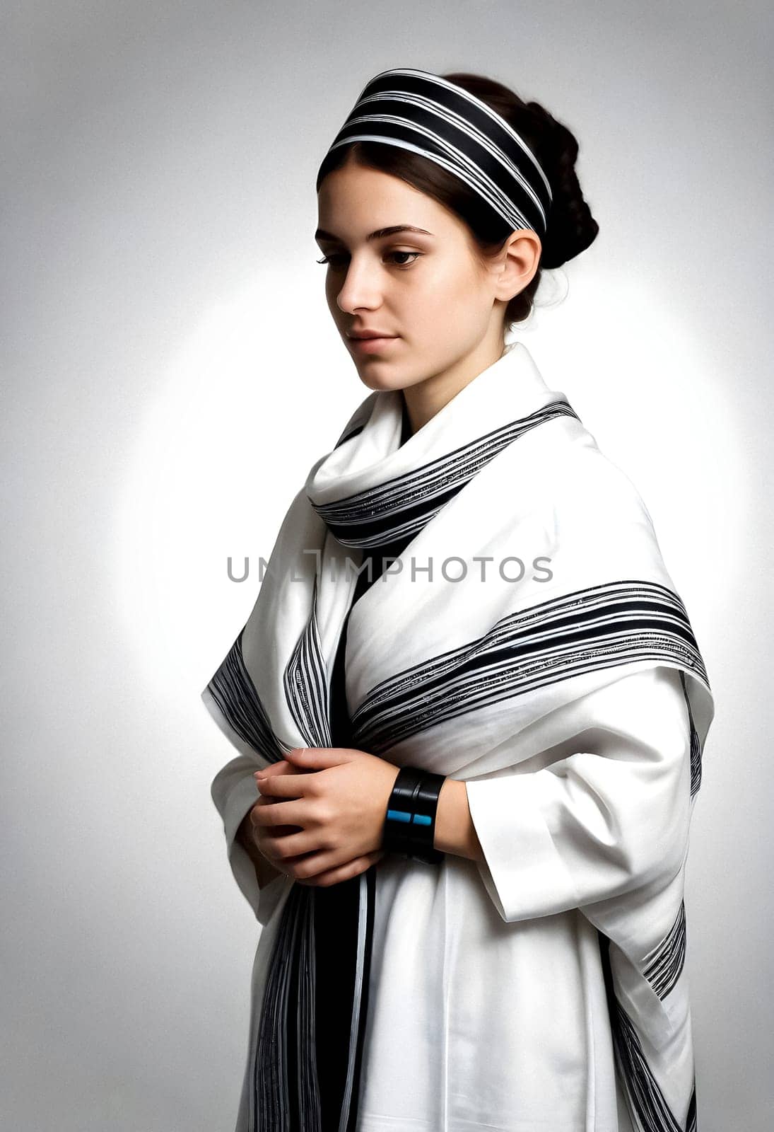 AI generated of a woman in a white and black striped prayer shawl called tallit