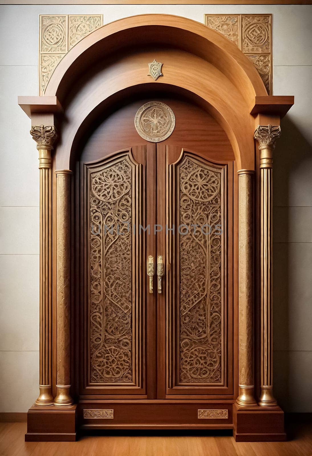 AI generated of a large wooden door with ornate carvings