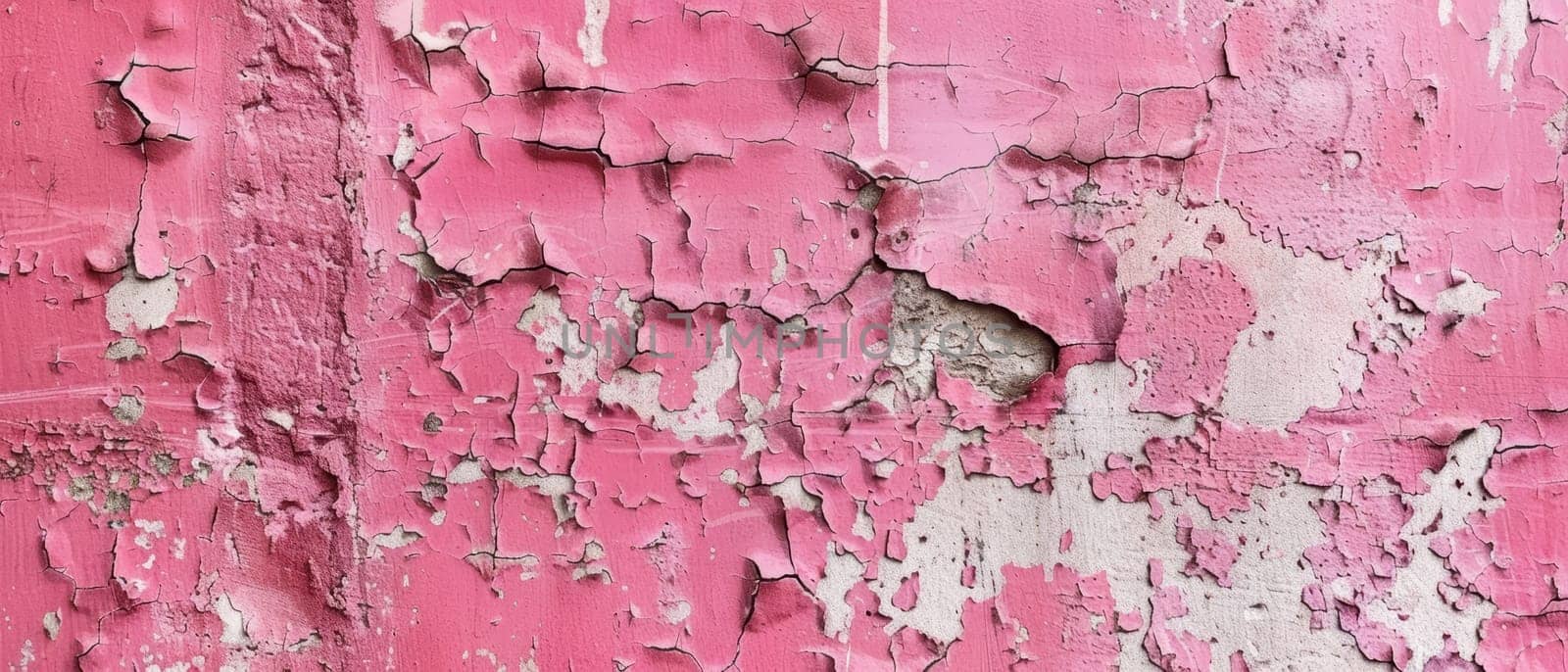 Panoramic image capturing the full scale of a decaying pink wall with peeling paint and cracks spread throughout