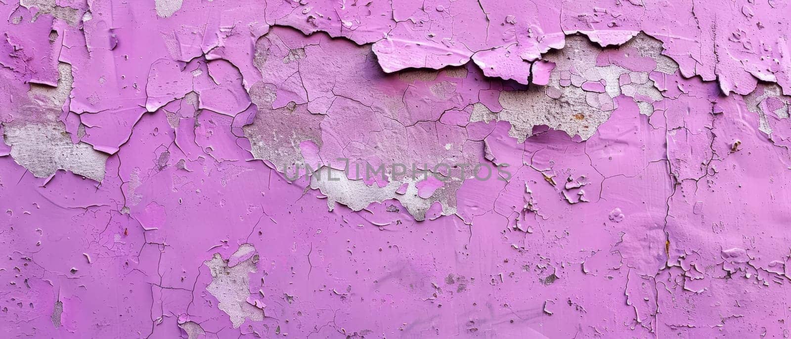 A panoramic view of a textured purple wall, with peeling paint and weathering that tells a story of age and exposure