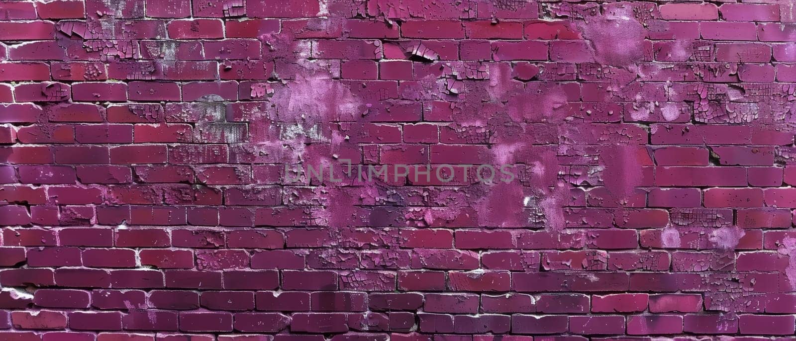 A dilapidated magenta-colored brick wall with extensive cracking, chipping and peeling, portraying a gritty, distressed urban aesthetic