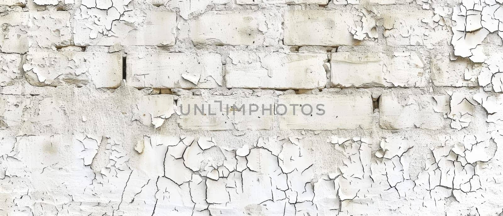 White brick surface in a wide frame, with peeling paint and cracks creating a rich textural backdrop