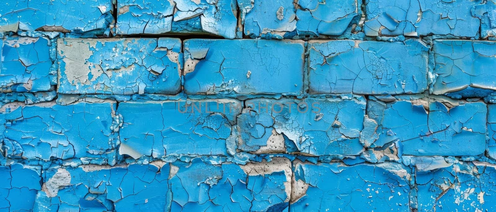 A heavily distressed sky blue brick wall exhibiting extensive cracking, chipping and peeling of paint layers, creating an abstract, textured surface