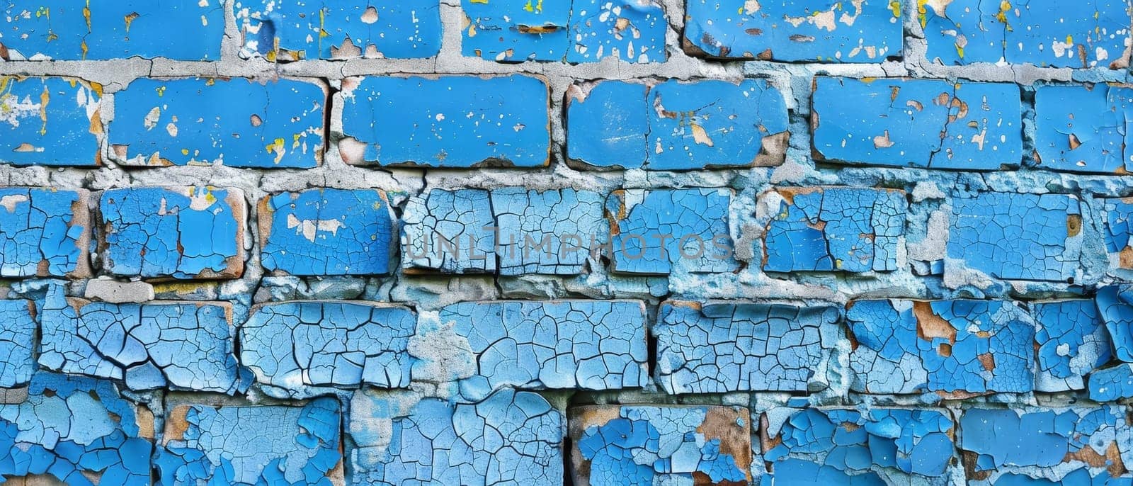 A heavily distressed sky blue brick wall exhibiting extensive cracking, chipping and peeling of paint layers, creating an abstract, textured surface